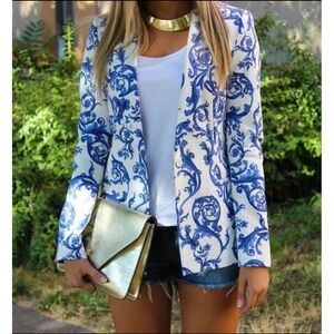 Rare Zara Ceramic Floral Print Blazer Jacket White Blue L Damask Regency Classic